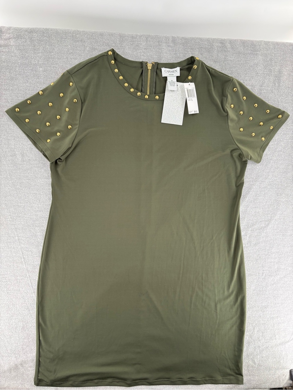 Carmen Marc Valvo Olive Short-Sleeve Top with Gold Studs